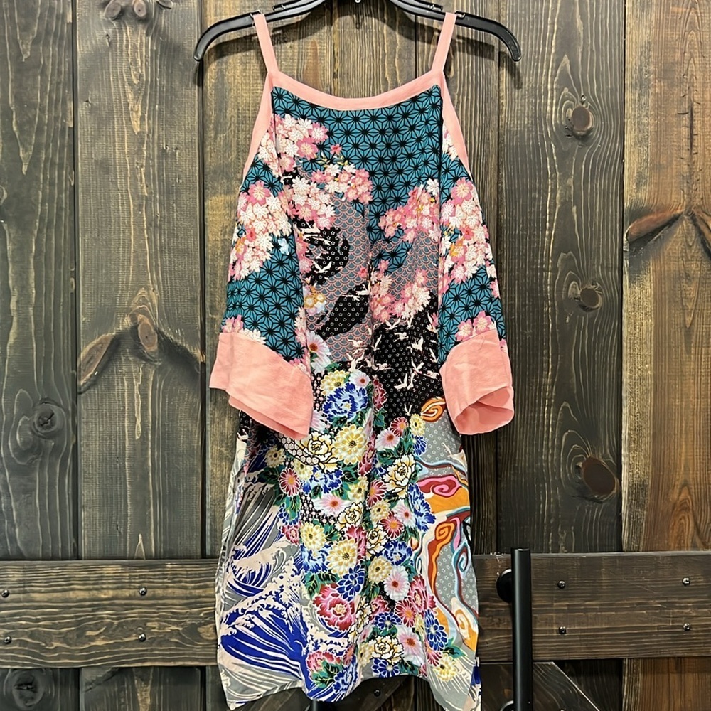 Anthropologie Maeve Kae Open Shoulder Kimono Top XS Side Slit Boho Floral 3/4